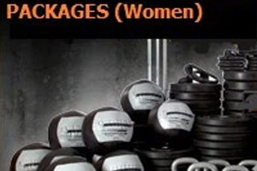 Black and white bumper plates and barbell weights arranged in flat lay on dark background