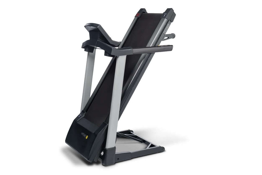 LifeSpan TR2000i folding treadmill with black and gray frame, digital display, and cushioned running deck on white background