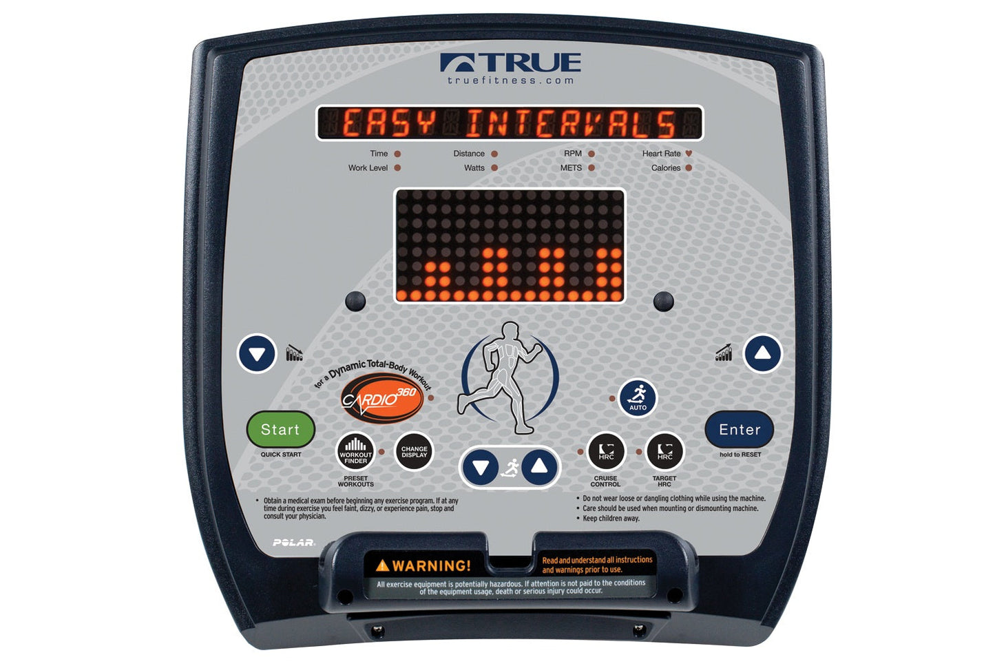 TRUE M30 Elliptical machine console with dark blue frame, white and gray display panel, orange LED screen showing "Easy Inter