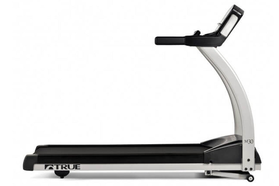 TRUE M30 treadmill with white frame, black running belt, and digital display console, side view on white background