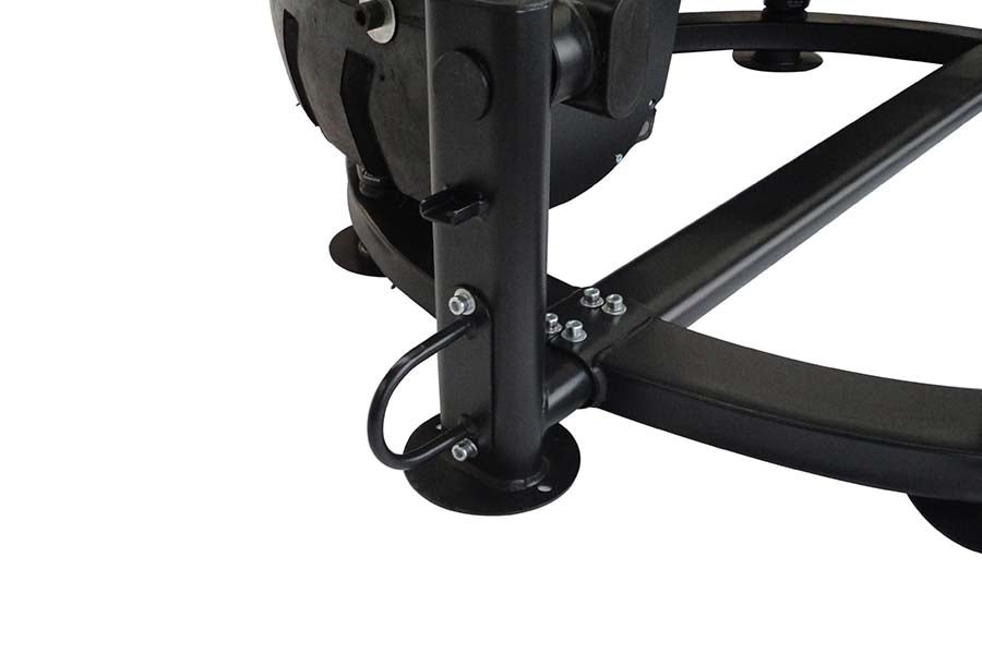 Black metal tire flip frame with adjustment bolts and handle ring, close-up of base assembly