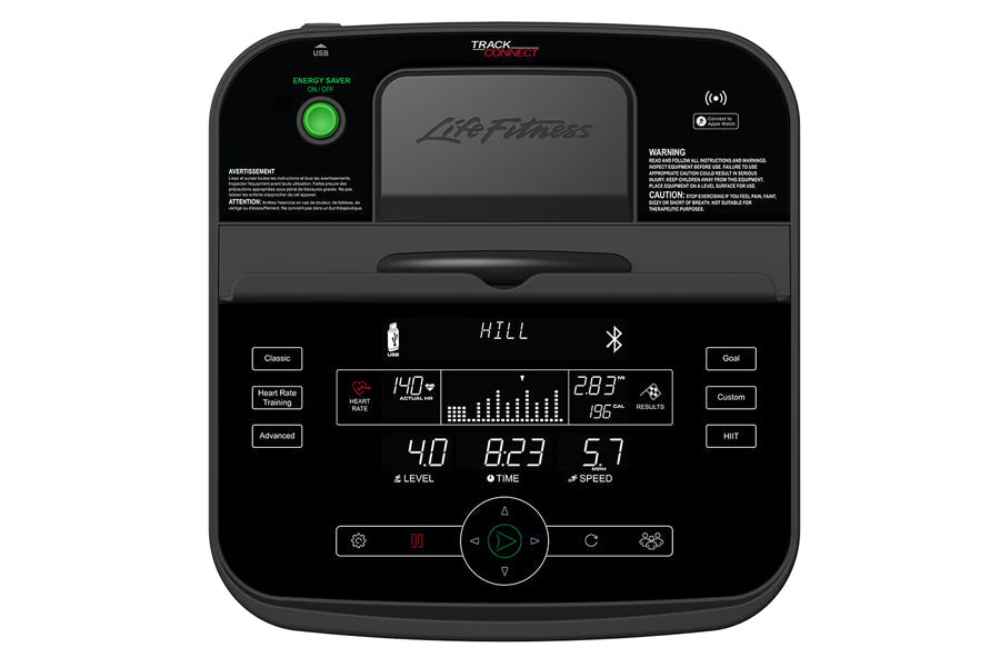 Life Fitness Track Connect elliptical machine with digital display showing workout metrics, control buttons, and green energy