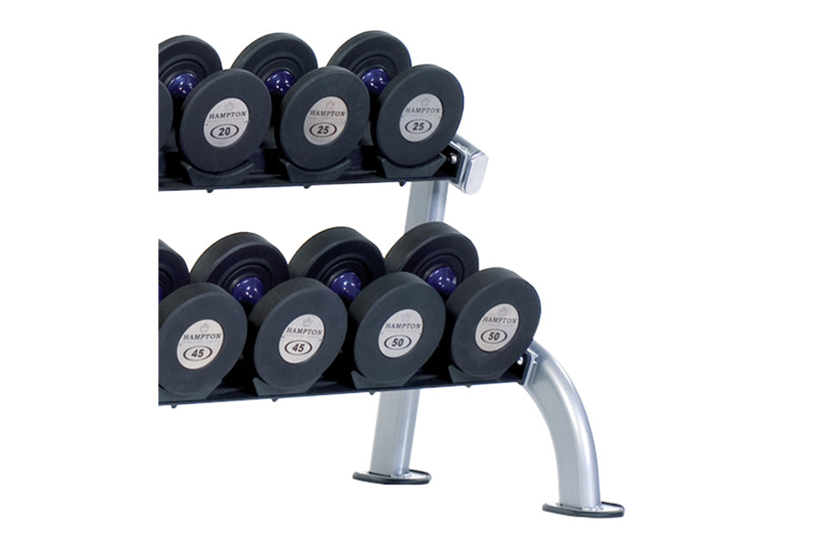 Two-tier dumbbell rack with silver frame holding black rubber-coated dumbbells labeled 20 to 50 pounds