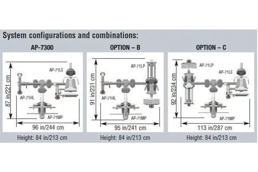 Diagram showing three system configurations of Apollo 7300 multi-gym with labeled component measurements and dimensions in in
