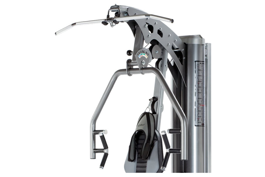 Gray and black multi-press exercise machine with adjustable arms and weight stack on white background