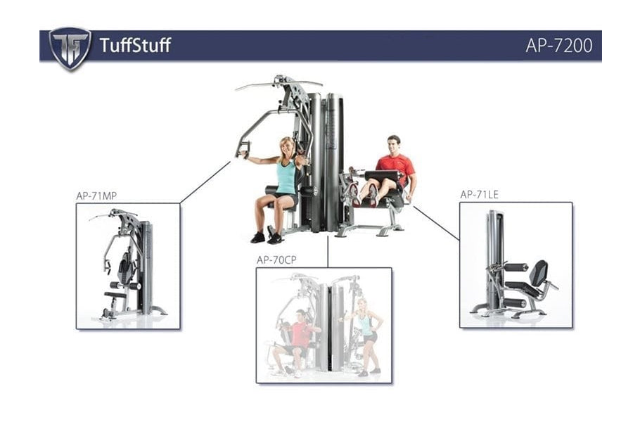 TuffStuff Apollo 7200 2-station multi gym system with three exercise stations shown, featuring users performing upper body an