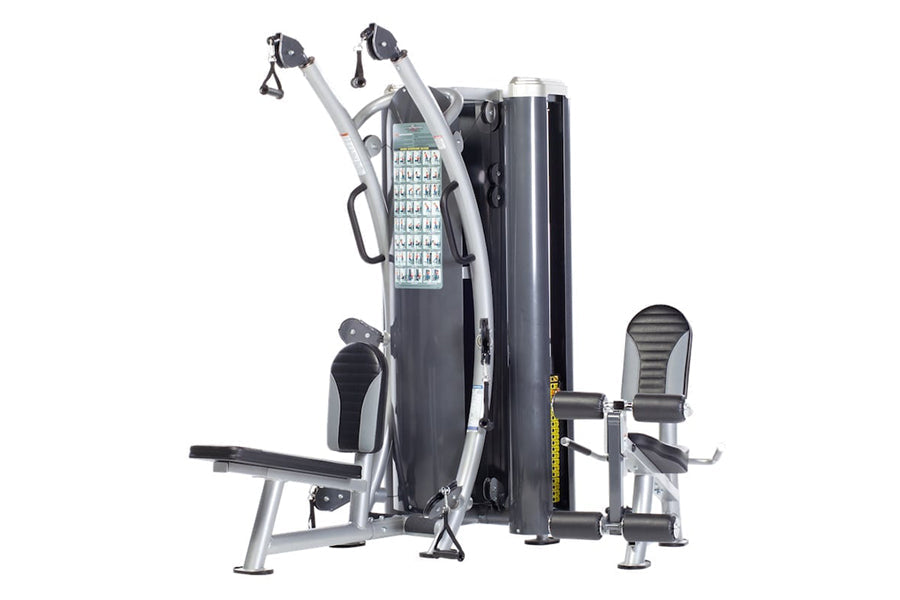 TuffStuff Dual Stack Functional Trainer HTX-2000 with dual cable towers, black and silver frame, adjustable seats, and leg pr