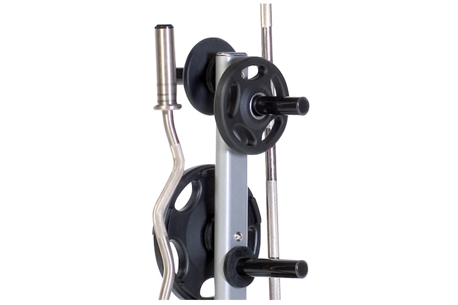 Olympic weight tree with black rubber-coated plates and silver steel frame, flat lay on white background