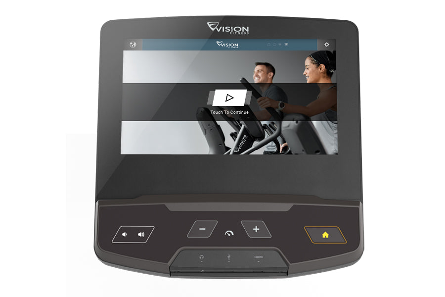 Vision S600E Suspension Elliptical machine with touchscreen display showing two people exercising, black frame and control bu