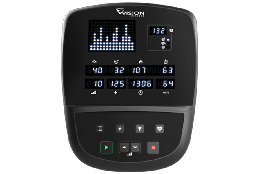 Black Vision S60 elliptical console display with LED screen showing workout metrics, digital readout, and control buttons on