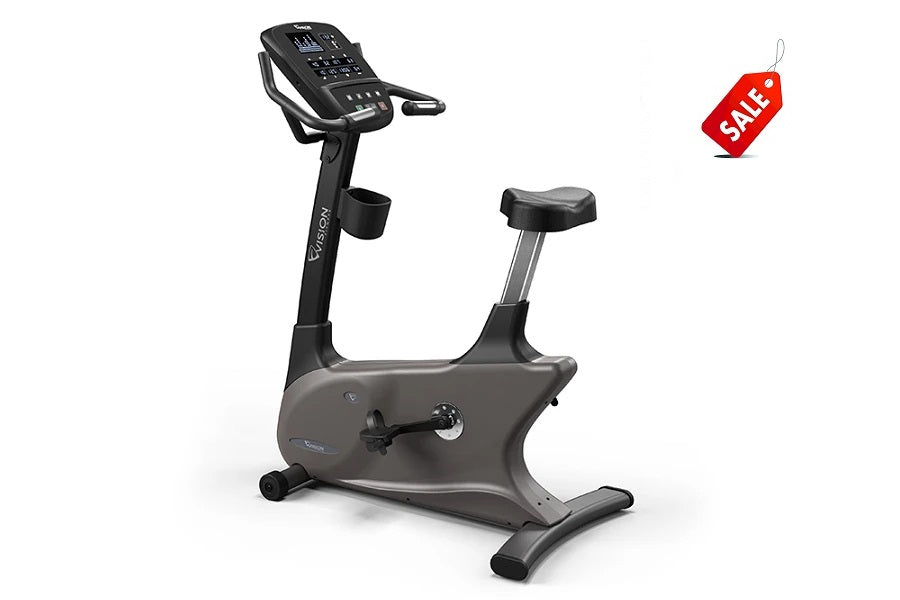 Vision U60 upright exercise bike with black console display and gray base on white background, with red sale tag