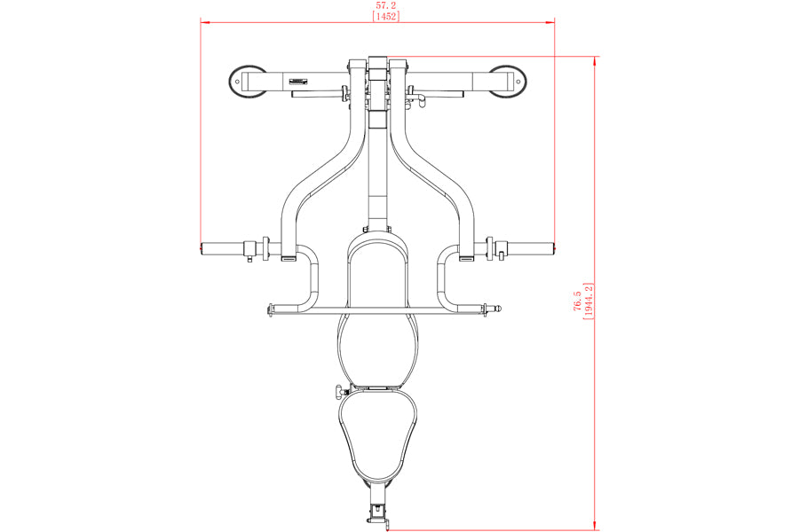 Technical line drawing of Powertec WorkBench MultiPress with dual handles, adjustable arms, and central weight stack shown in