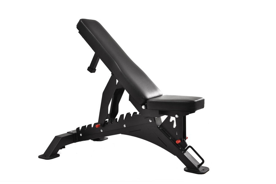 Warrior 201 adjustable heavy-duty weight bench with black padded seat and backrest, angled leg press footplate, red adjustmen