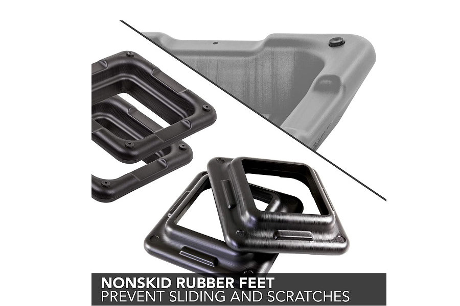 Black rubber feet with non-slip grips shown in multiple angles, prevents sliding and scratches on floors
