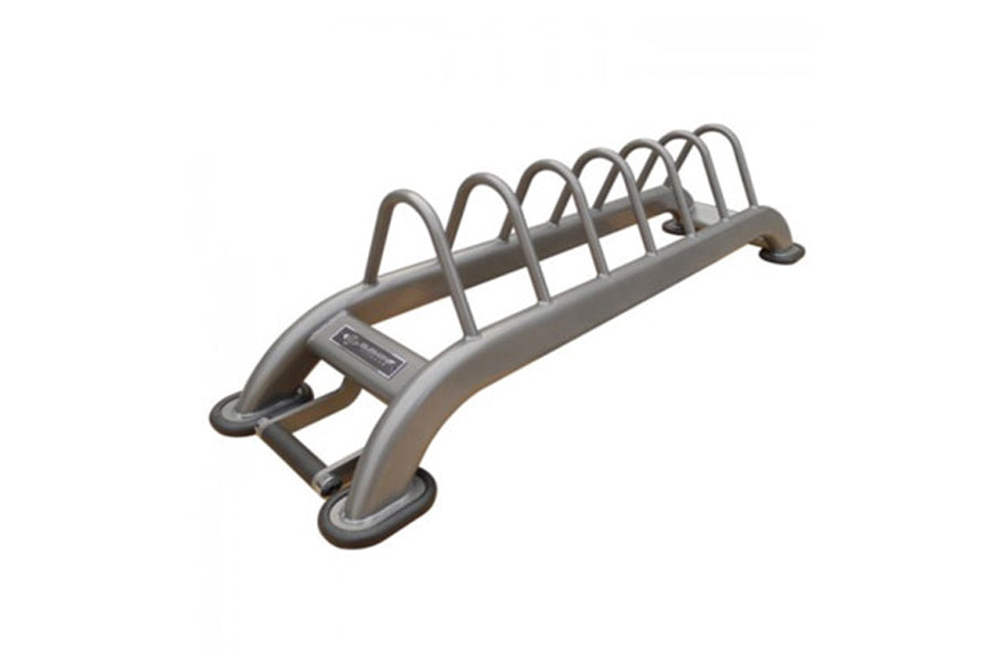 Warrior Bumper Plate Rack with gray metal frame and six curved holders, shown on white background