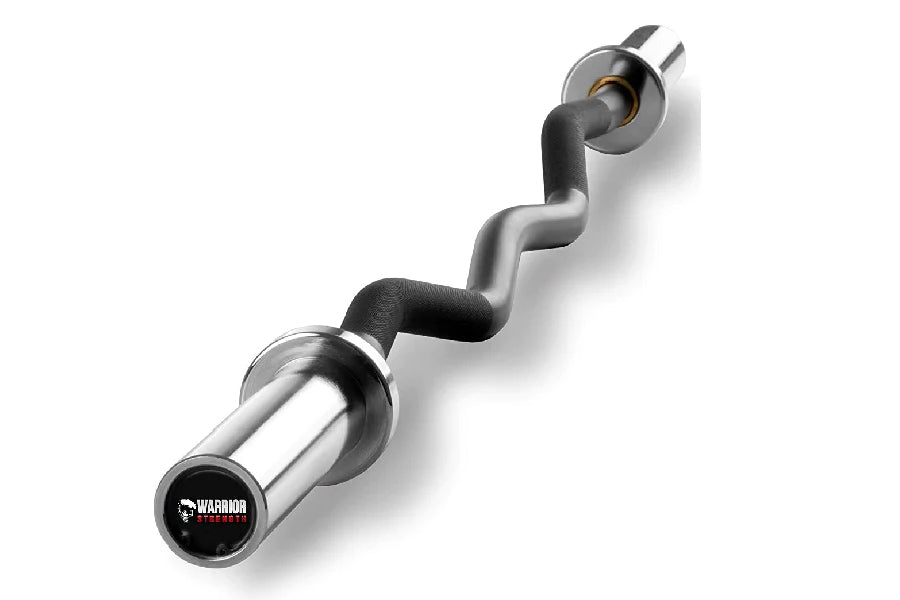 Warrior Chrome Olympic Curl Barbell with polished silver steel bar, wavy black grip sections, and rotating chrome sleeves on