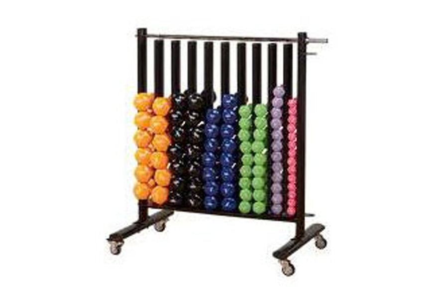 Black metal dumbbell rack with wheels holding colorful neoprene dumbbells in orange, black, blue, green, purple, and pink, di
