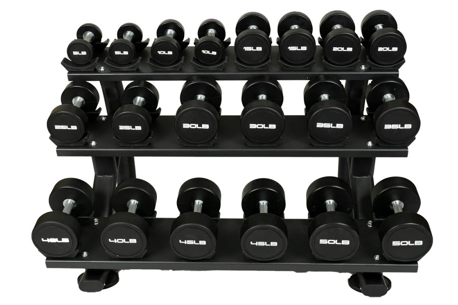 Three-tier black dumbbell rack holding 18 rubber-coated dumbbells with white "SOLE" branding, displayed on white background