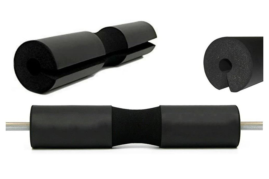 Black foam barbell squat pad with rubber grip center band, shown rolled and in use on weight bar, flat lay on white backgroun