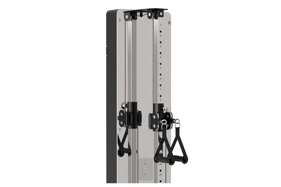 Warrior Hi/Lo cable pulley functional trainer with dual black handles, silver frame, and numbered adjustment holes on white b