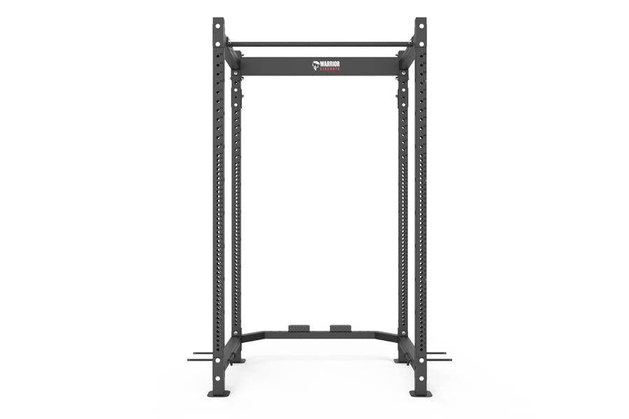 Black metal power rack with perforated upright posts, horizontal top bar, and safety catch arms, on white background