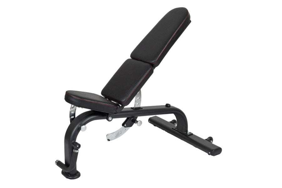 Adjustable weight bench with black padded backrest and seat, metal frame with leg extension, on white background