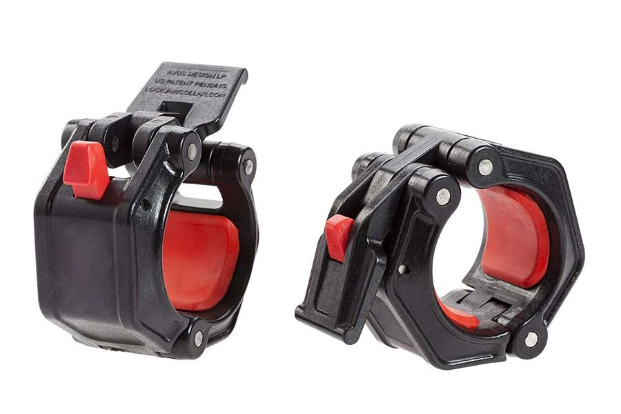 Warrior Lockjaws black and red barbell collar clamps with lever lock mechanism, shown from two angles