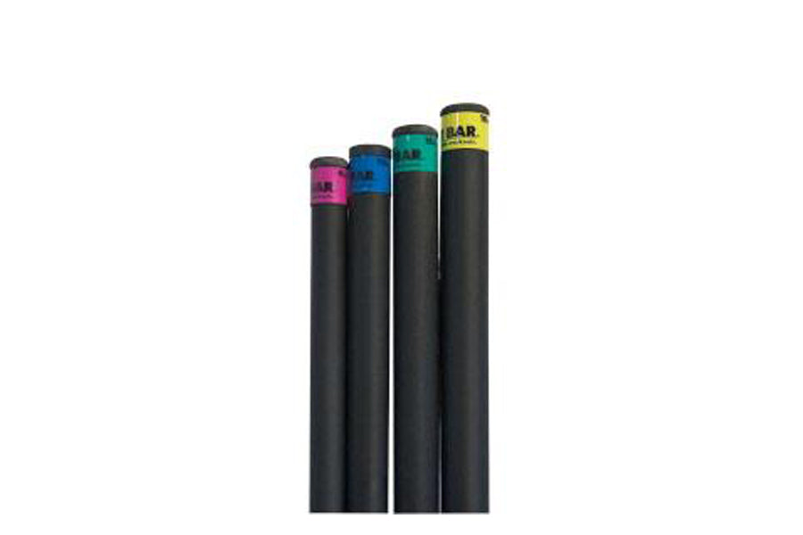 Four black cylindrical storage tubes with colored top bands in magenta, blue, teal, and yellow, arranged in ascending height