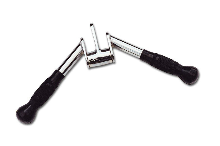 Warrior Revolving Solid Ergo Tricep Press Down Bar with chrome swivel heads and black rubber handles on white background