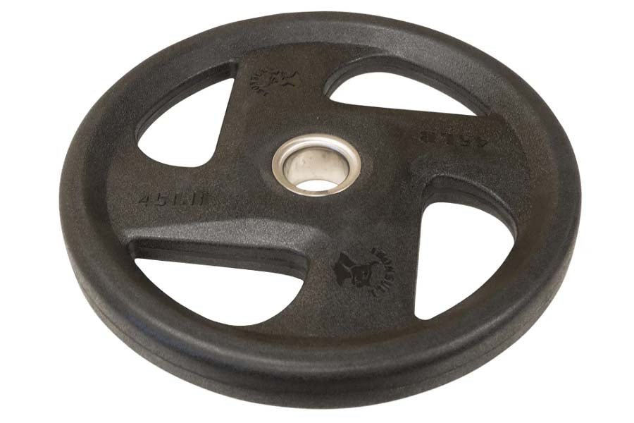 Black rubber Olympic weight plate with grip handles and center hole, flat lay on white background
