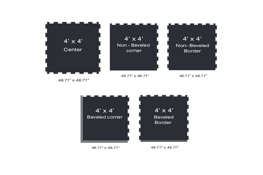 Five black interlocking foam floor mats showing center, corner, and border tile options with beveled and non-beveled edges, e