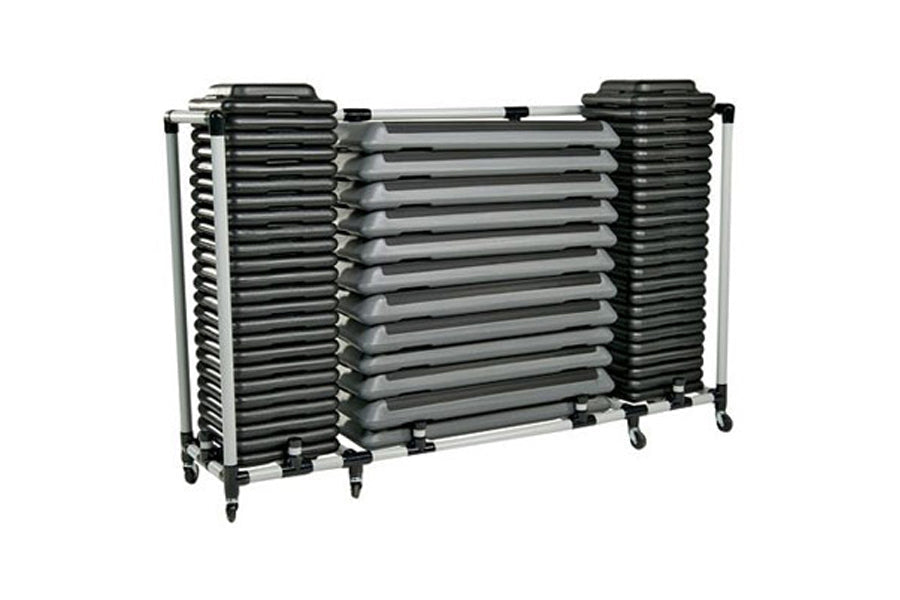 Warrior Aerobic Step Storage Cart with black platform steps and silver frame on casters, front view