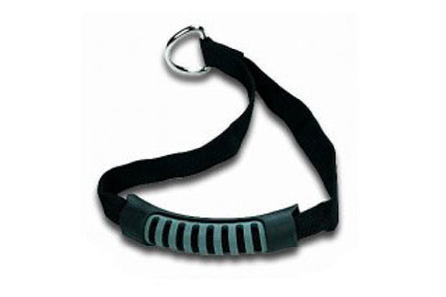 Black nylon strap with teal rubber grip ridges and metal D-ring attachment on white background