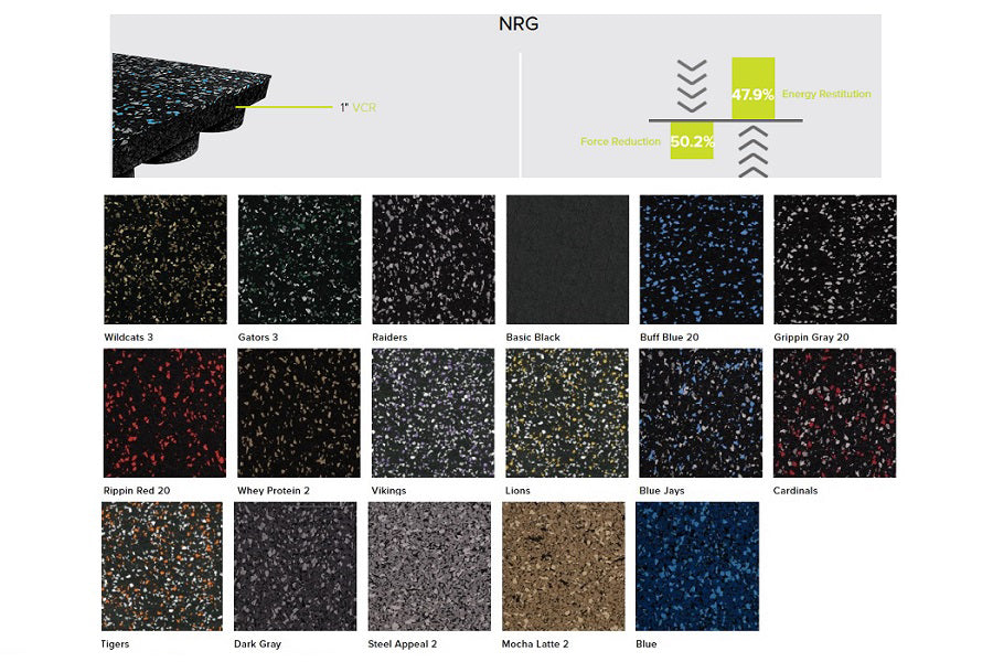 Warrior Heavy Duty Rubber Gym Flooring Tiles color swatch options including Wildcats 3, Gators 3, Raiders, Basic Black, Ruff
