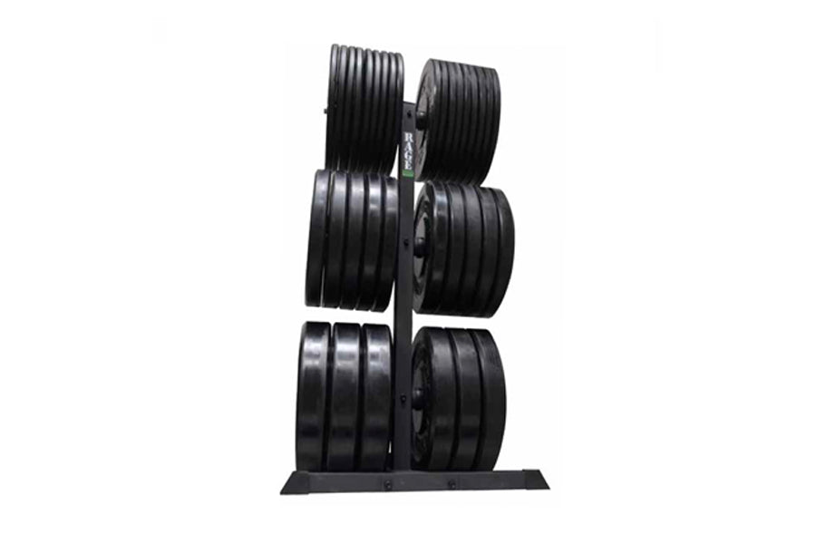 Warrior vertical bumper plate rack with six black rubber weight plates stacked on dark metal stand, on white background