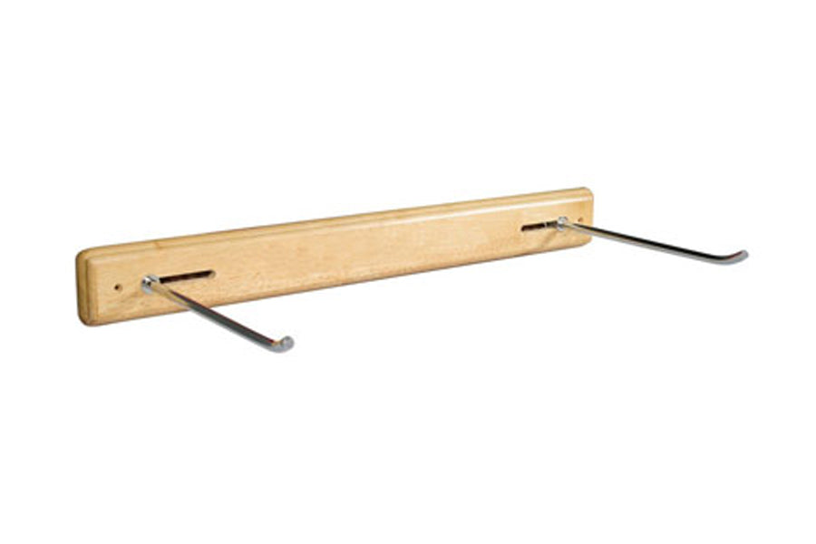 Natural wood wall-mounted rack with two black metal hooks for hanging mats, shown on white background