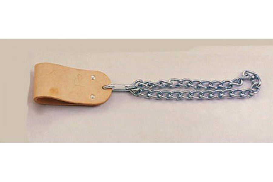 Tan leather dip belt with metal chain attachment and clasp, displayed flat on neutral background