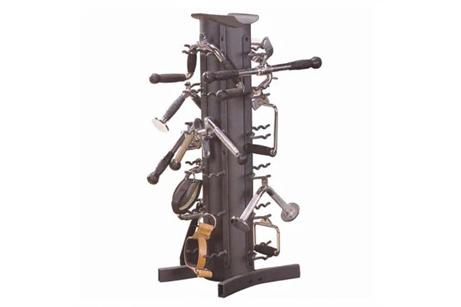 Warrior Weight Bar Accessory Package, black vertical storage rack with multiple weight bars and accessories mounted on pole,