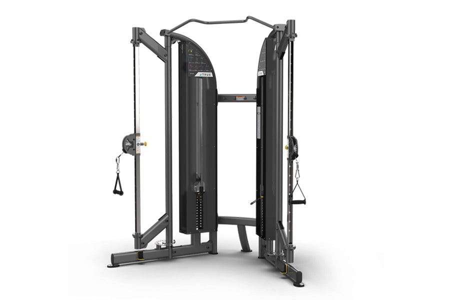 Black functional trainer cable machine with dual adjustable pulleys and weight stack on white background
