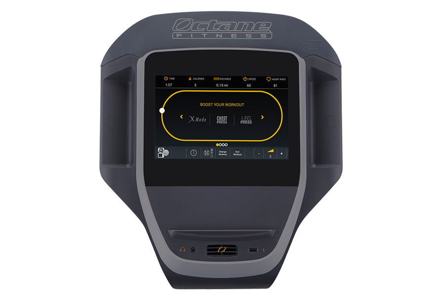 Octane Fitness XR6000 stationary bike with touchscreen display showing workout metrics and training options on white backgrou