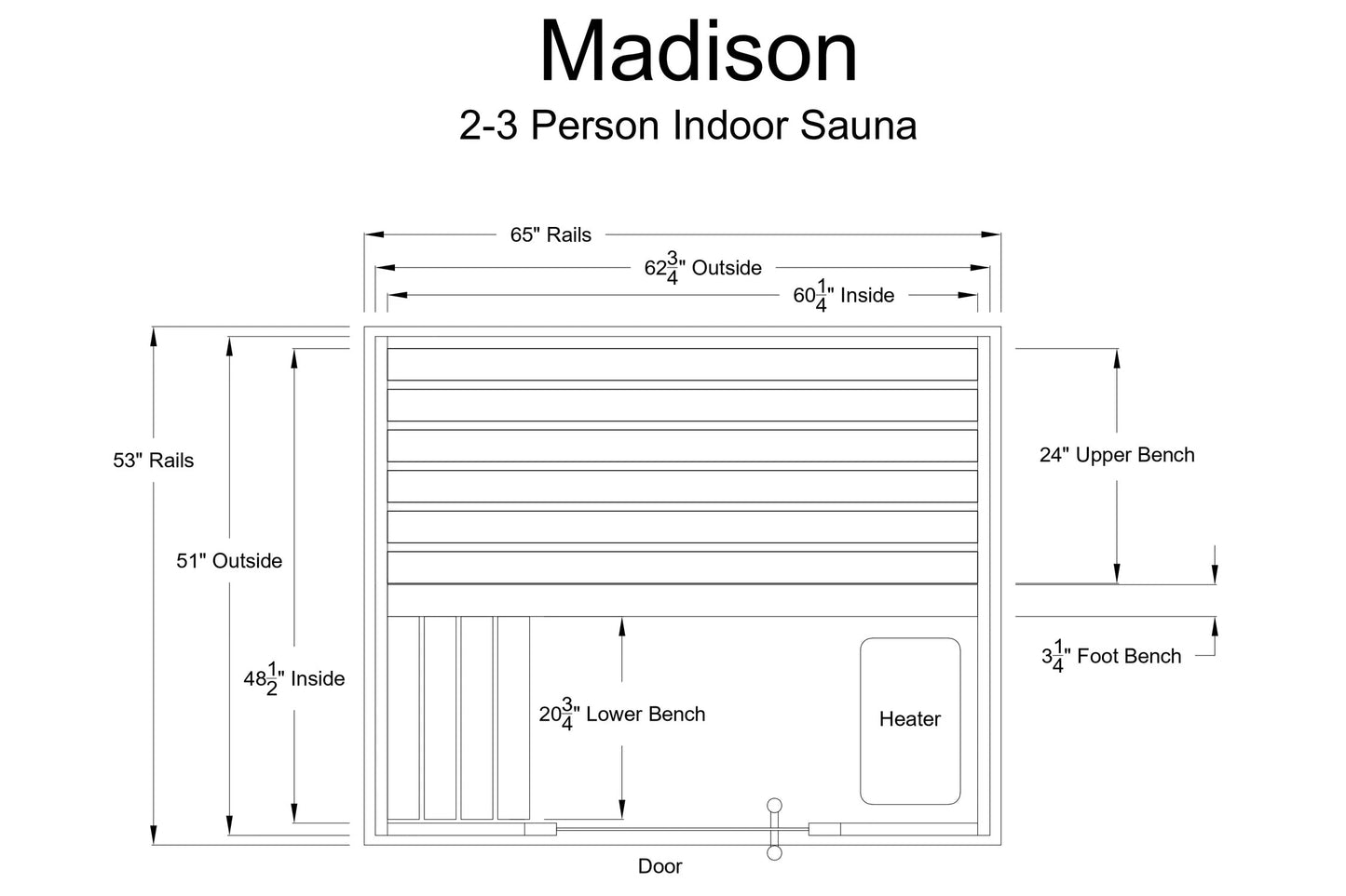 Madison 2-3 person indoor sauna with specifications diagram showing dimensions, upper and lower benches, foot bench, heater,