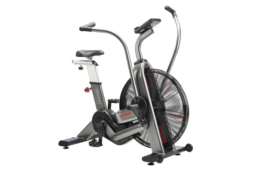 Assault Elite Air Bike with dual handles, black seat, large fan wheel, and digital display on white background