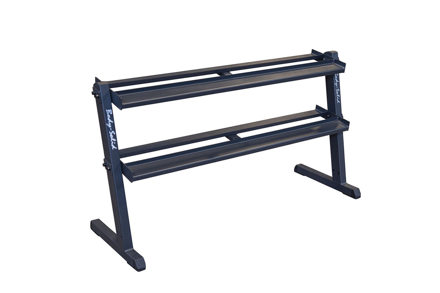 Dark blue steel dumbbell rack with three tiers and gray trays, standing on flat base against white background
