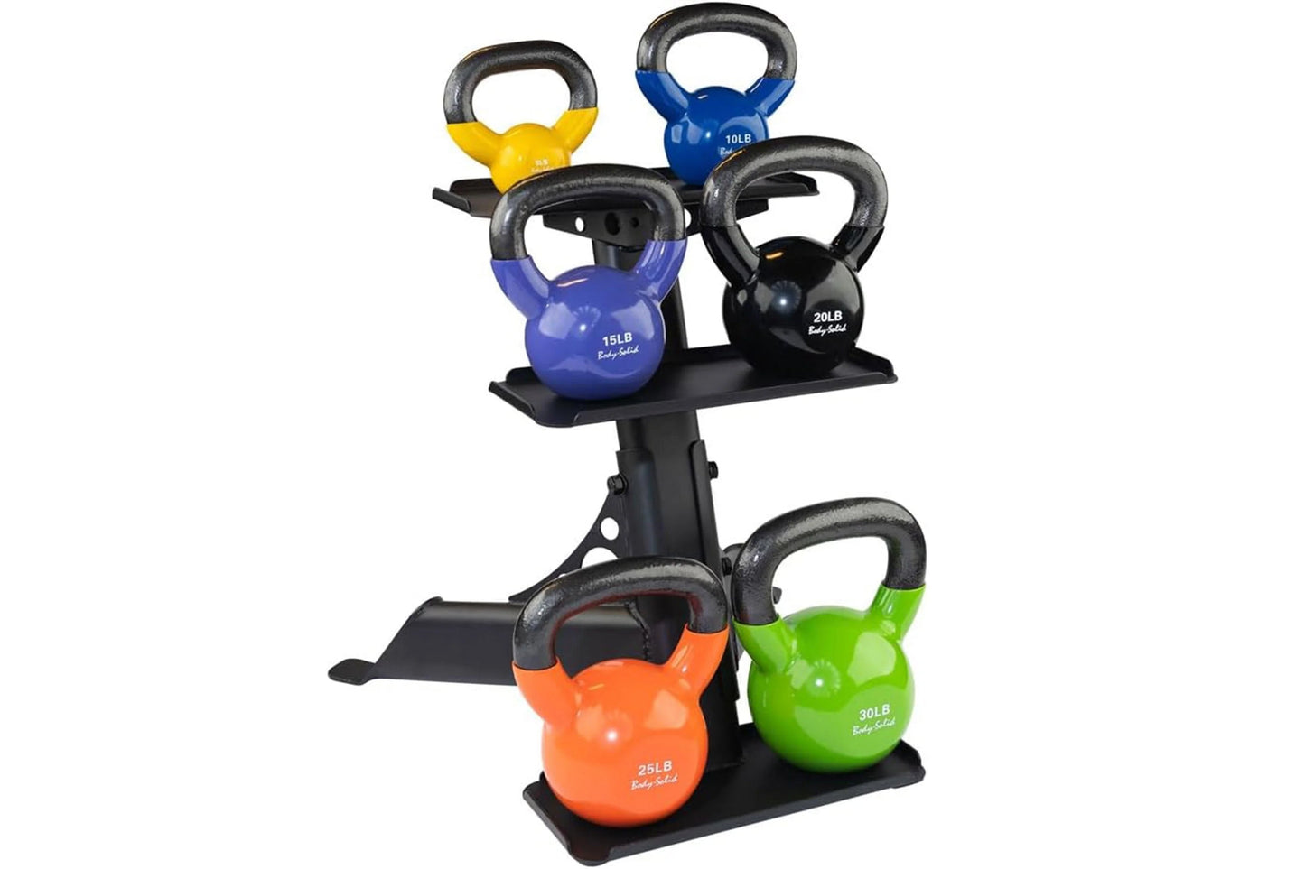 Black two-tier kettlebell rack holding colored kettlebells in yellow, blue, purple, black, orange, and green with weight mark