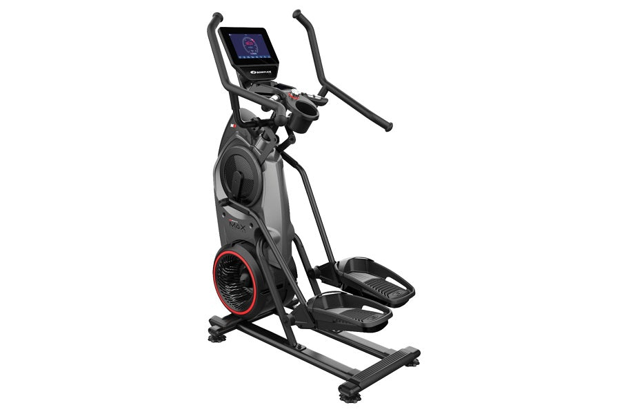 Bowflex Max Trainer M9 elliptical with gray and black frame, digital touchscreen display, curved handles, and red accent whee