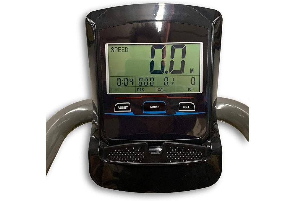 Black Curvemill treadmill console displaying speed, distance, calories and time on green LCD screen with reset, mode and set