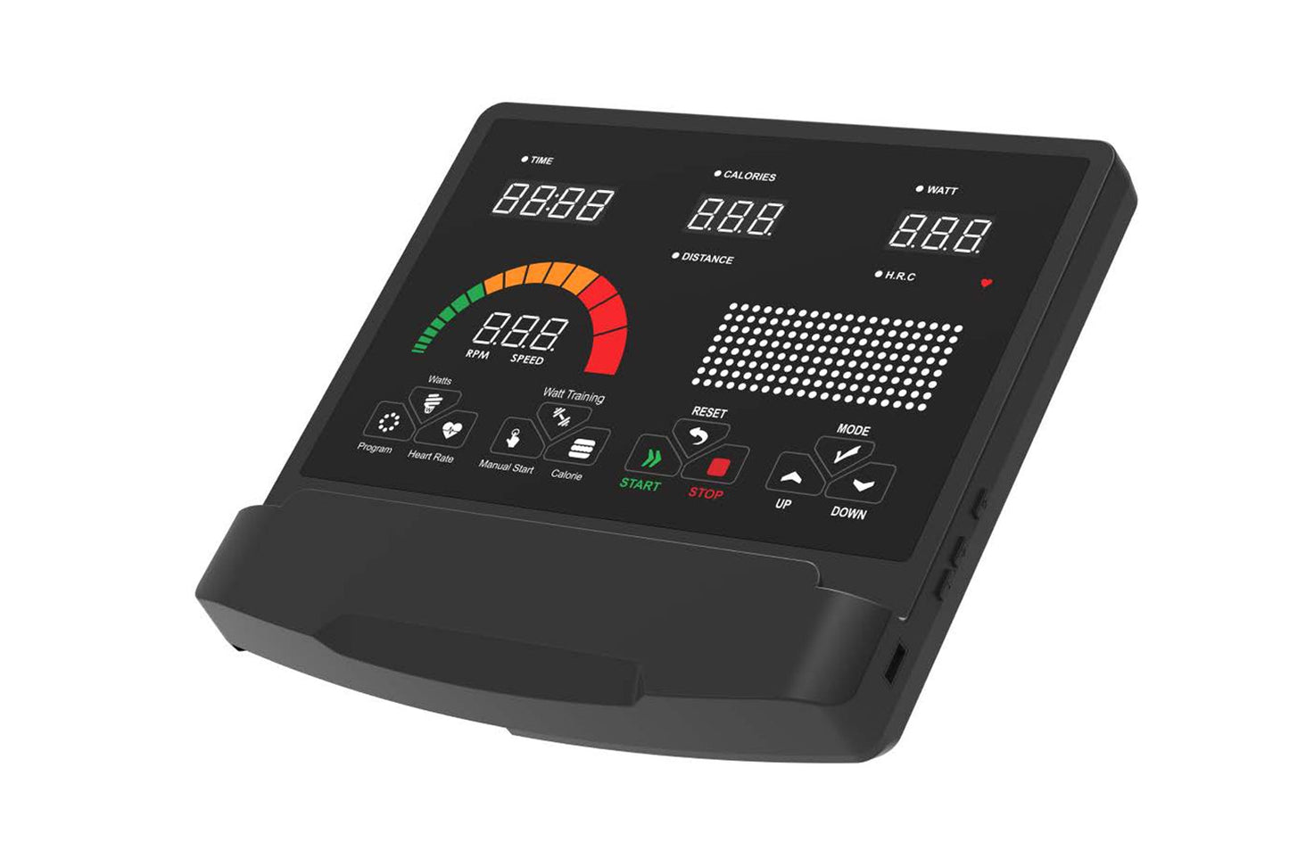 Black upright exercise bike console with digital display showing time, calories, distance, watts, heart rate, and RPM speed g