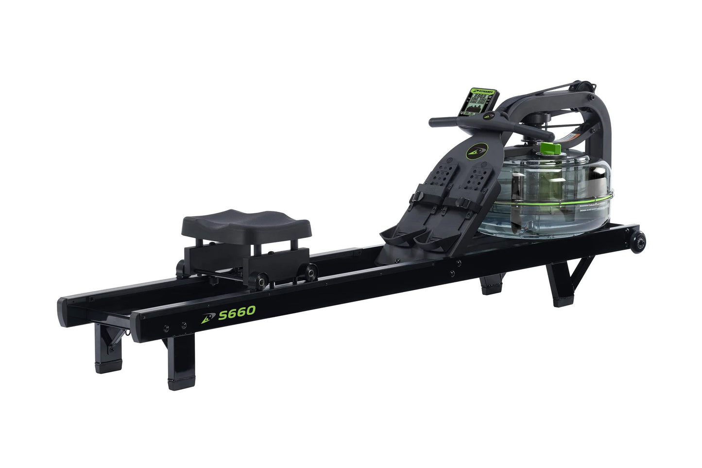 Black S660 rowing machine with digital display console, foot pedals, adjustable seat, and water resistance tank on white back