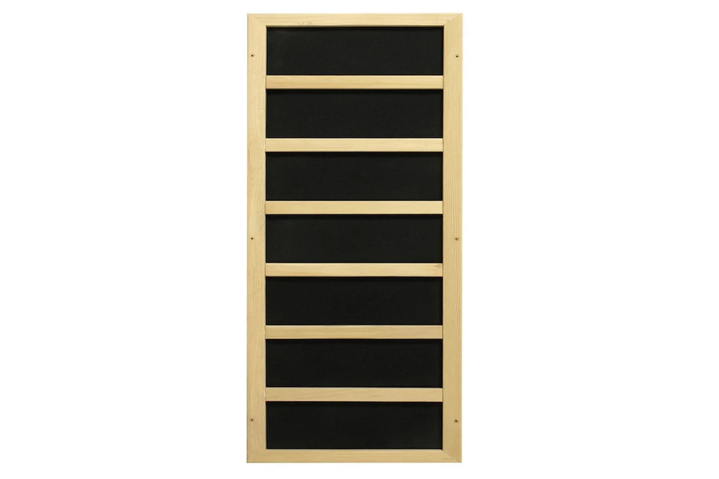 Natural wood sauna cabinet with seven black infrared heating panels and horizontal dividers, shown on white background