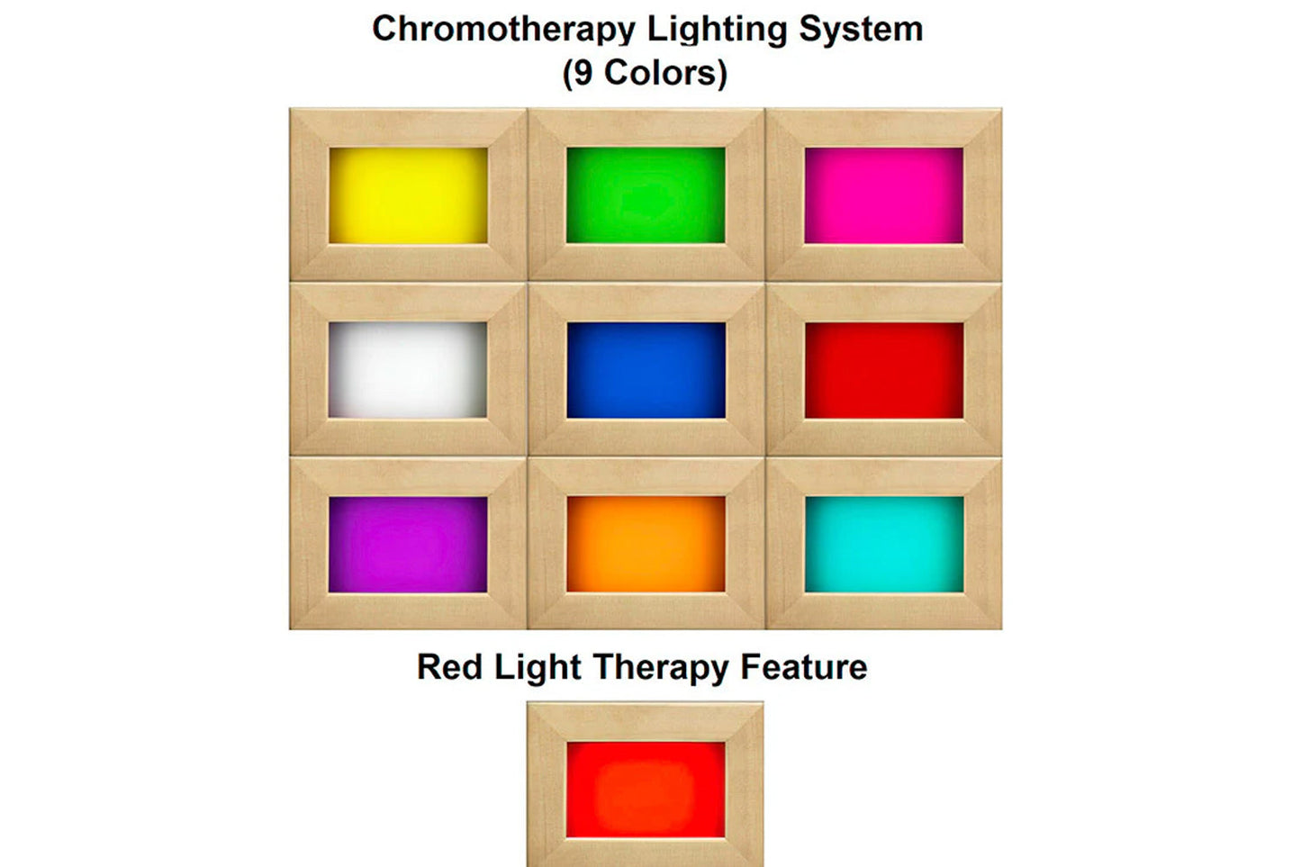 Chromotherapy lighting system with nine color options in wooden panels: yellow, green, magenta, white, blue, red, purple, ora